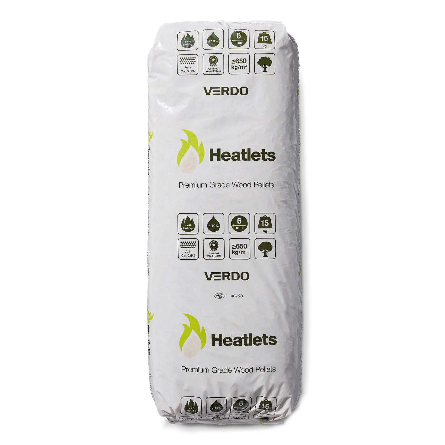 Heatlets træpiller 6 mm · 15 kg pr. pose · 900 kg pr. palle